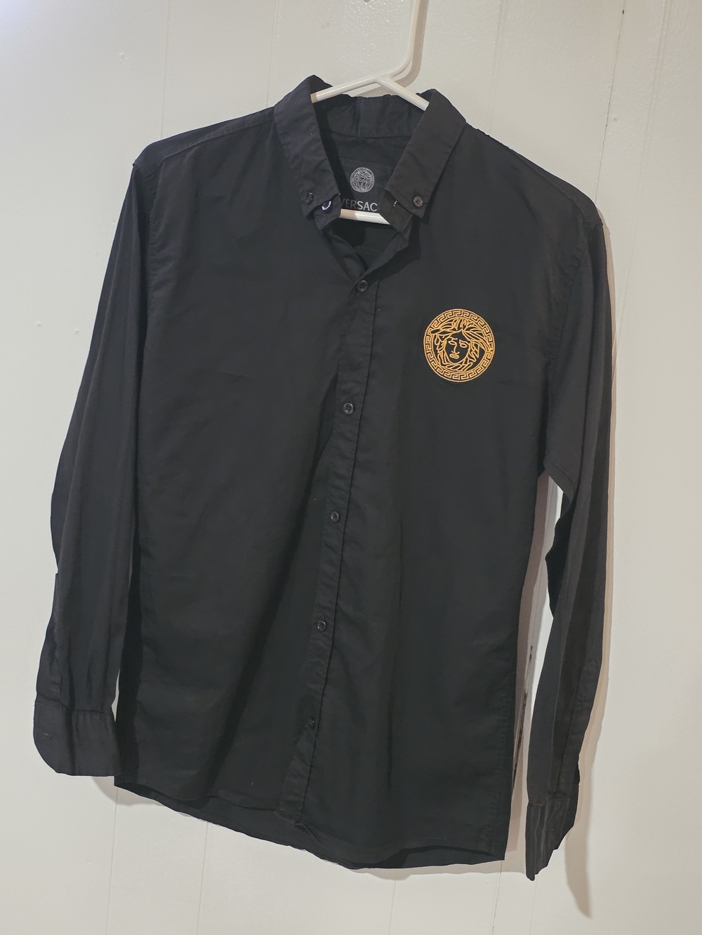 Versace Black Long-Sleeve Slim Fit Button-Down Shirt with Gold Medusa Crest